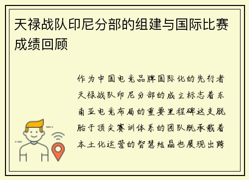 天禄战队印尼分部的组建与国际比赛成绩回顾