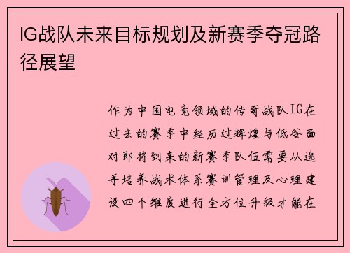 IG战队未来目标规划及新赛季夺冠路径展望